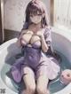 A woman in a purple dress sitting in a bathtub.